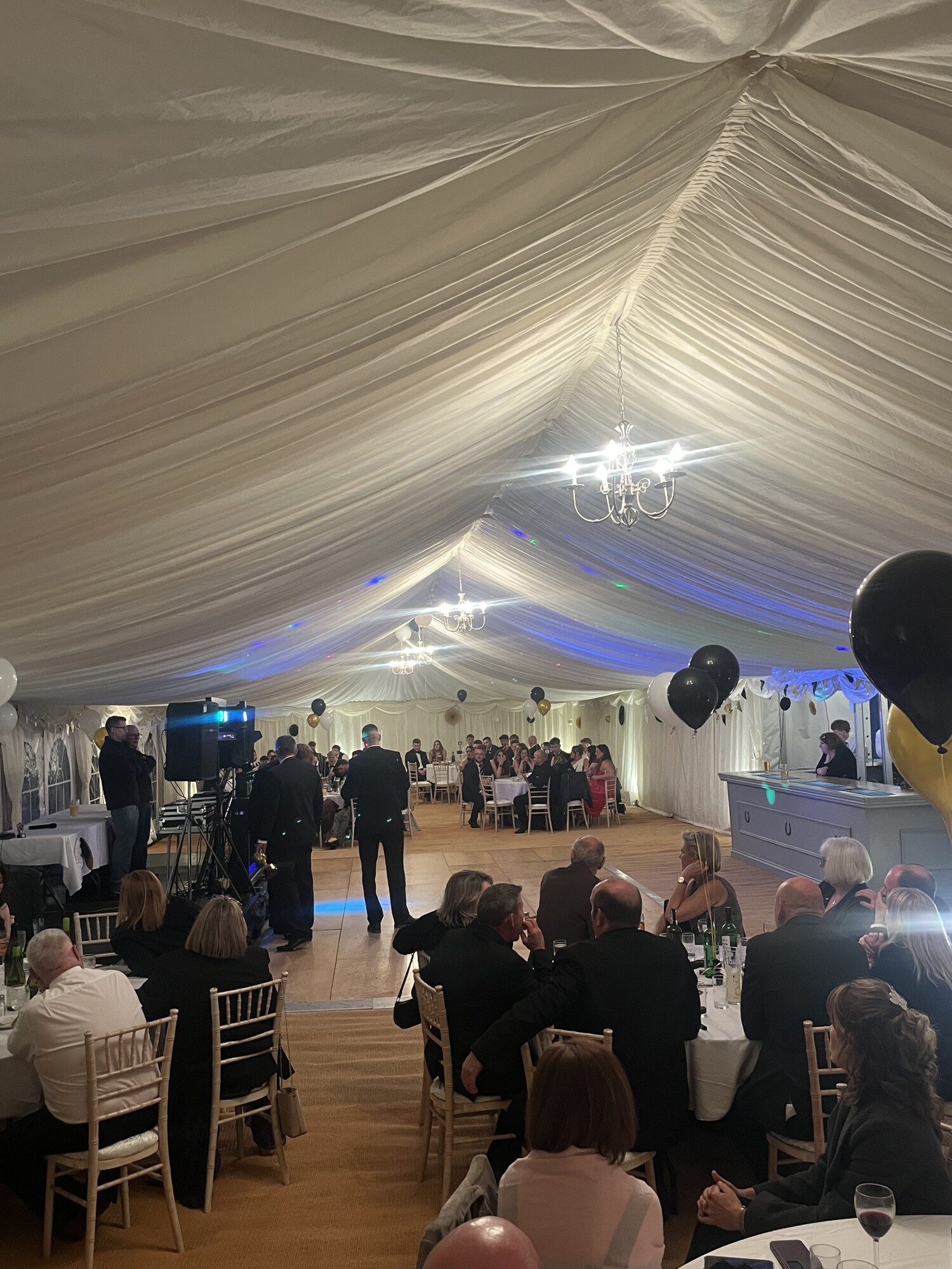 Wells RFC presentation marquee dressed for an evening event